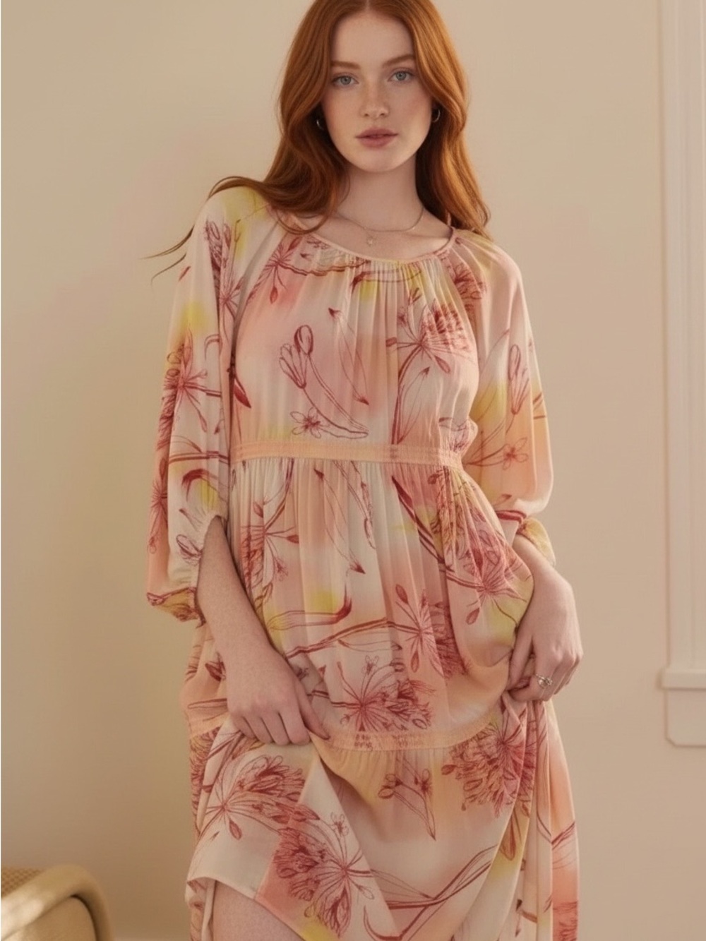 By Anthropologie Tiered Puff-Sleeve Midi Dress
